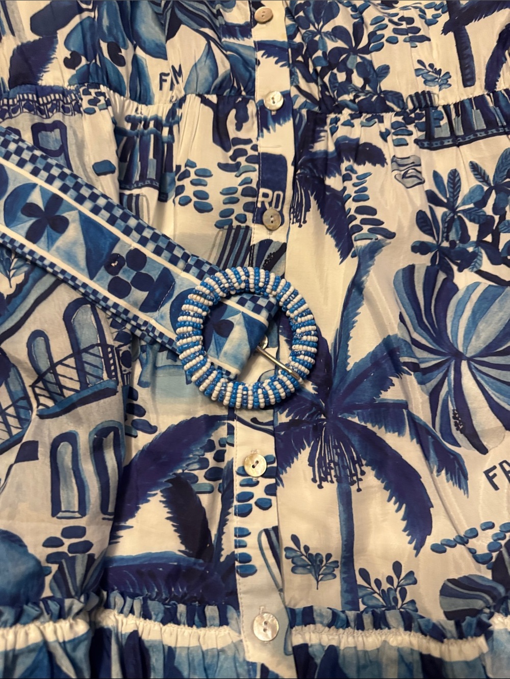 Farm Rio Sweet Rio Puff Dress, Blue & White, Size Medium, Tropical, Resortwear - Picture 6 of 9